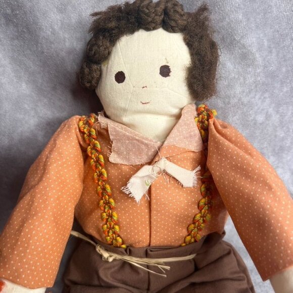 VTG Handmade Rag Doll Orange Dot Shirt Suspenders Toy Slingshot in Rear Pocket - Picture 2 of 9